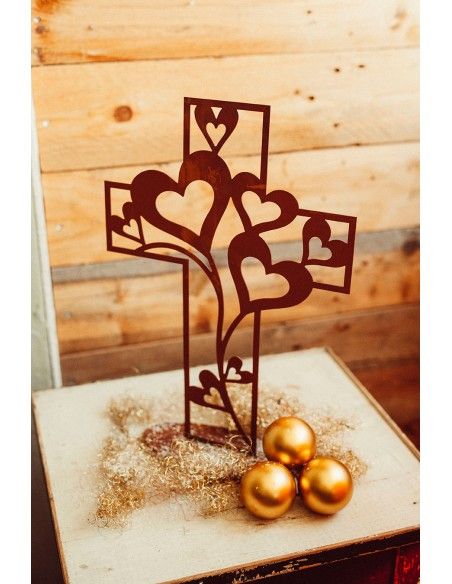 Deko Kreuz der Herzen - Edelrost, Höhe 41 cm