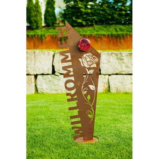 Metall Schild - Willkommen inkl. Glaskugel - Höhe 121 cm