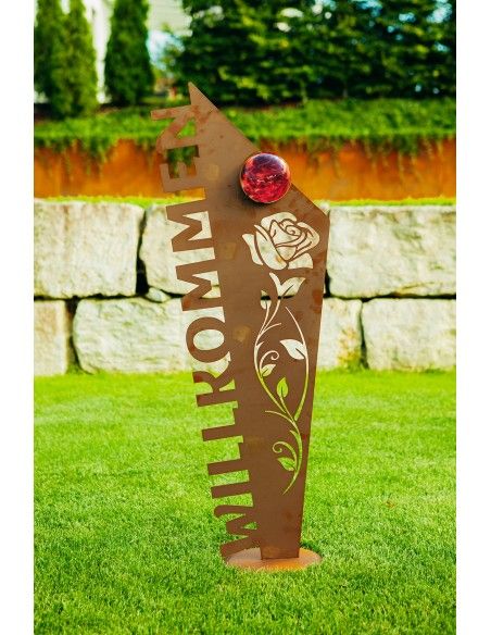 Metall Schild - Willkommen inkl. Glaskugel - Höhe 121 cm