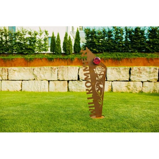 Metall Schild - Willkommen inkl. Glaskugel - Höhe 121 cm