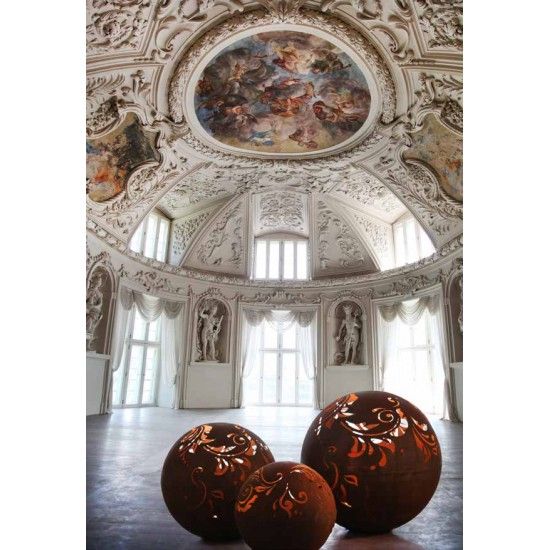 40 cm Kugeln Rost Kugel 40 cm geschlossen mit Barockmuster u. Öffnung zum Beleuchten Rost Kugel 40 cm geschlossen mit Barockmust