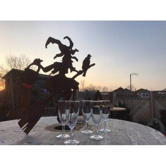 Hexen, Elfen, Drachen und Mystisches Gartenstecker Hexe Waltraud mit Rabe und Kessel 60 cm - Stab 120 cm 