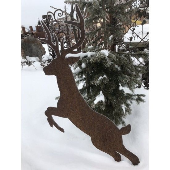 rostige Deko Hirsche und Rehe Springender Rehbock auf langer Platte - 115cm hoch Höhe 115cm
Breite 70cm
