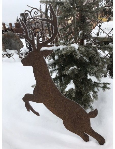 rostige Deko Hirsche und Rehe Springender Rehbock auf langer Platte - 115cm hoch Höhe 115cm
Breite 70cm
