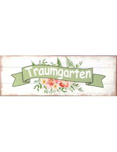 Start Metallschild „Traumgarten“ 30x10 cm 
Traumgarten
Höhe 10 cm
Breite 30 cm
Magnetisches Schild, farbig bedruckt