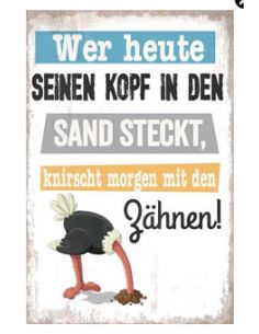 Start Metallschild „Wer heute seinen“, 26x35 cm 
Wer heute seinen Kopf in den Sand steckt, knirscht morgen mit den Zähnen! - lu