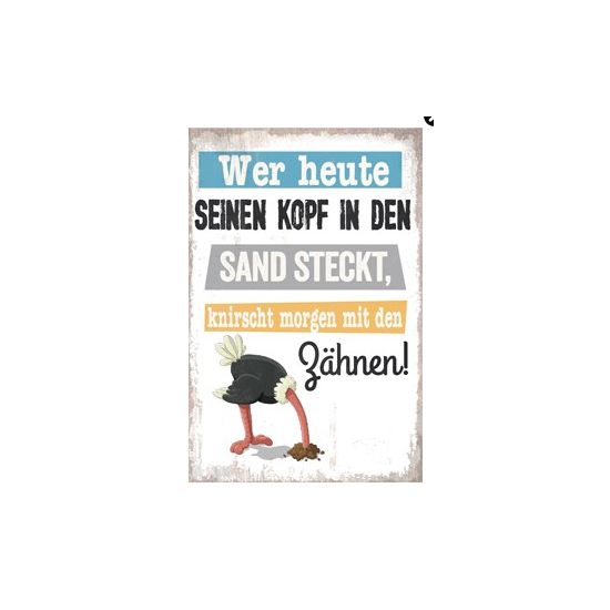 Start Metallschild „Wer heute seinen“, 26x35 cm 
Wer heute seinen Kopf in den Sand steckt, knirscht morgen mit den Zähnen! - lu