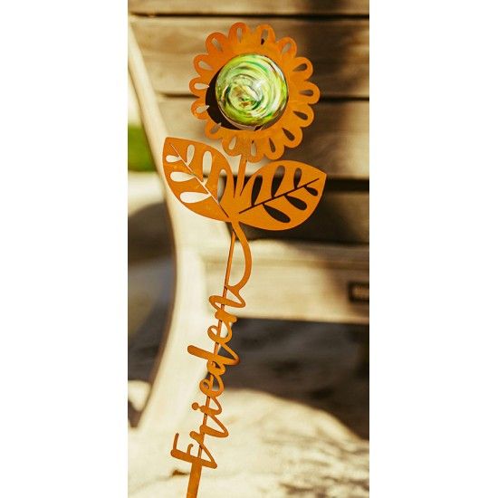Blumen Gartenstecker mit Glaskugel und Aufschrift - Frieden - Höhe 74 cm