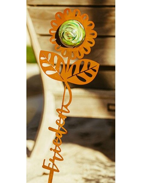 Blumen Gartenstecker mit Glaskugel und Aufschrift - Frieden - Höhe 74 cm