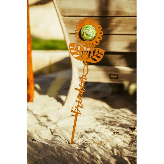 Blumen Gartenstecker mit Glaskugel und Aufschrift - Frieden - Höhe 74 cm