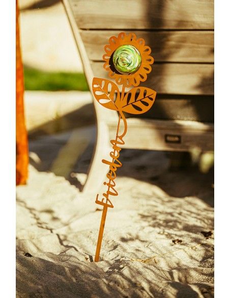 Blumen Gartenstecker mit Glaskugel und Aufschrift - Frieden - Höhe 74 cm