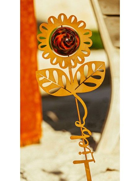 Blumen Gartenstecker mit Glaskugel und Aufschrift - Liebe - Höhe 69 cm