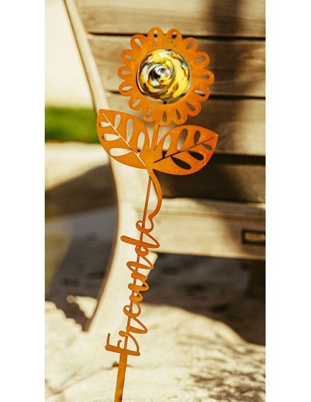 Blumen Gartenstecker mit Glaskugel und Aufschrift - Freunde - Höhe 69 cm