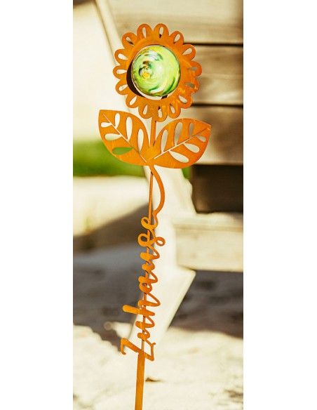 Blumen Gartenstecker mit Glaskugel und Aufschrift - Zuhause - Höhe 80 cm