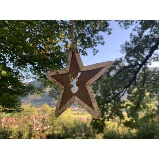 Weihnachtsdeko Holz Weihnachtsdeko Stern aus Birke mit Hirschkopf aus Rost 15 cm Ø Dieser schöne Stern hat eine Birkenrinde auße
