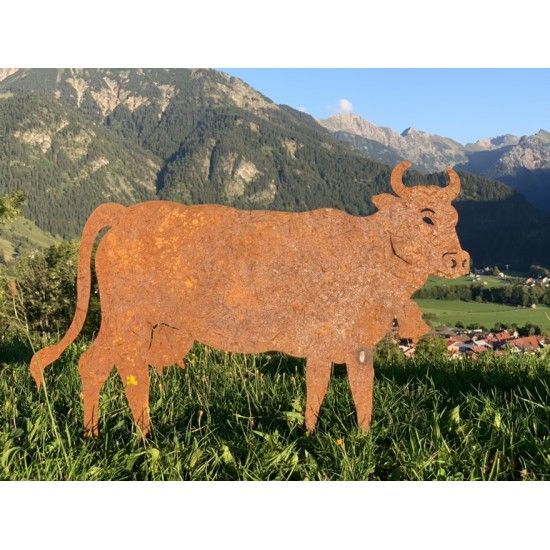 Allgäu Deko Edelrost Kuh XL  100 x 70 cm auf Stangen Original Allgäuer Rostkuh Große Deko Kuh für alpenländische Deko im Allgäu 