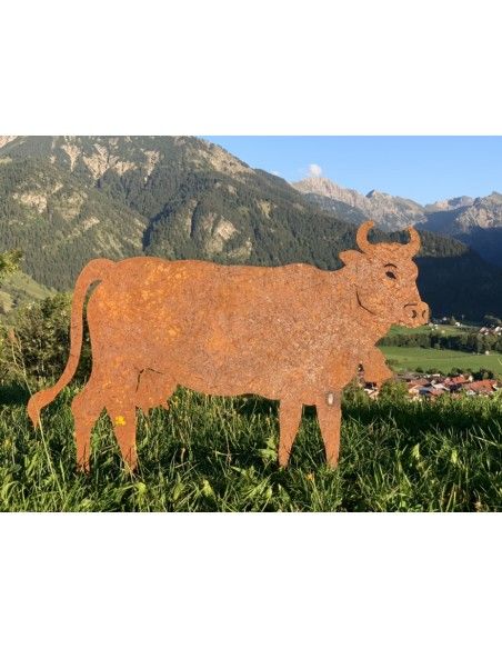 Allgäu Deko Edelrost Kuh XL  100 x 70 cm auf Stangen Original Allgäuer Rostkuh Große Deko Kuh für alpenländische Deko im Allgäu 