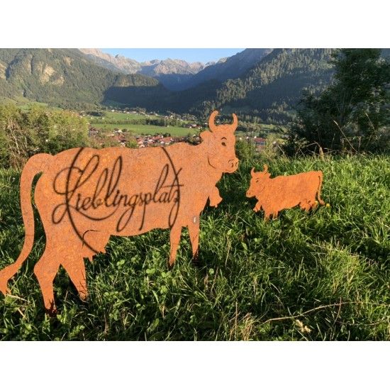 Allgäu Deko Edelrost Kuh XL  100 x 70 cm auf Stangen Original Allgäuer Rostkuh Große Deko Kuh für alpenländische Deko im Allgäu 