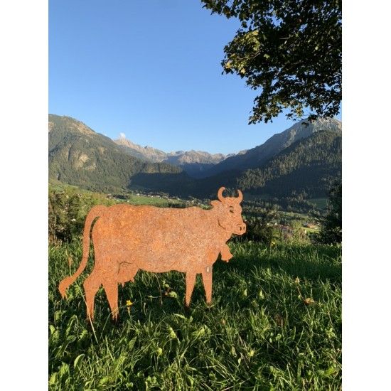 Allgäu Deko Edelrost Kuh XL  100 x 70 cm auf Stangen Original Allgäuer Rostkuh Große Deko Kuh für alpenländische Deko im Allgäu 