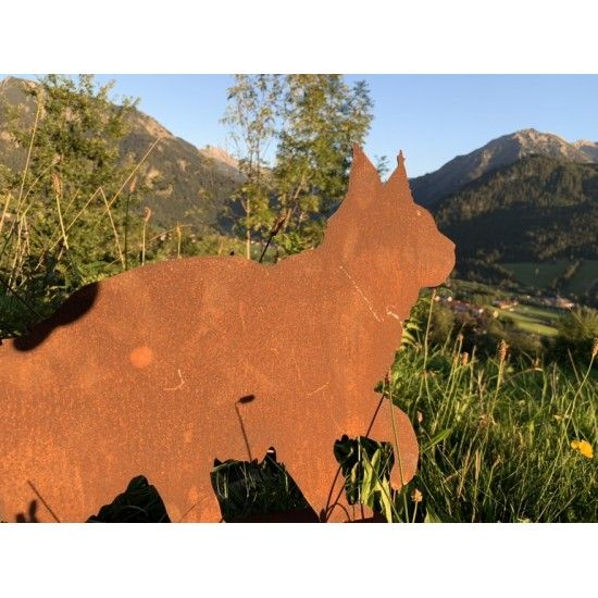 Deko Katzen und Mäuse flauschige Katze gehend auf Platte Flauschige Edelrost-Katze auf Platte für Garten, Eingangsbereich etc.
