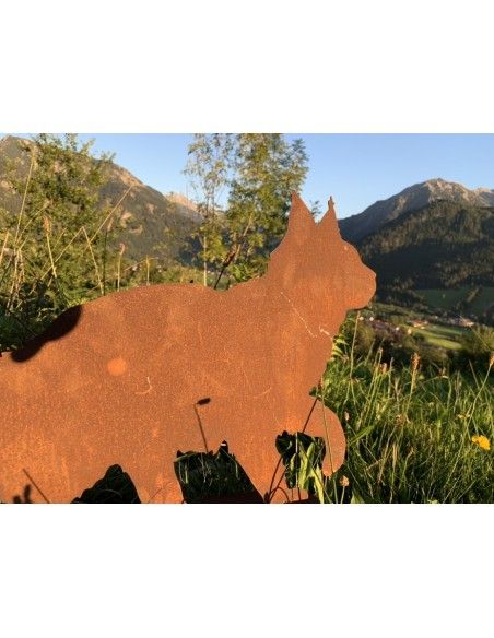 Deko Katzen und Mäuse flauschige Katze gehend auf Platte Flauschige Edelrost-Katze auf Platte für Garten, Eingangsbereich etc.
