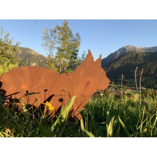 Deko Katzen und Mäuse flauschige Katze gehend auf Platte Flauschige Edelrost-Katze auf Platte für Garten, Eingangsbereich etc.
