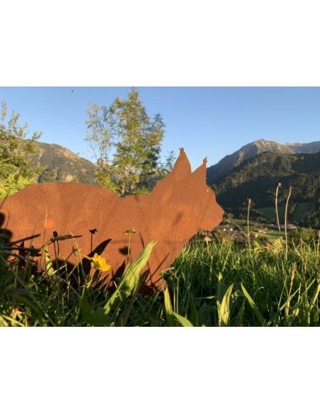 Deko Katzen und Mäuse flauschige Katze gehend auf Platte Flauschige Edelrost-Katze auf Platte für Garten, Eingangsbereich etc.
