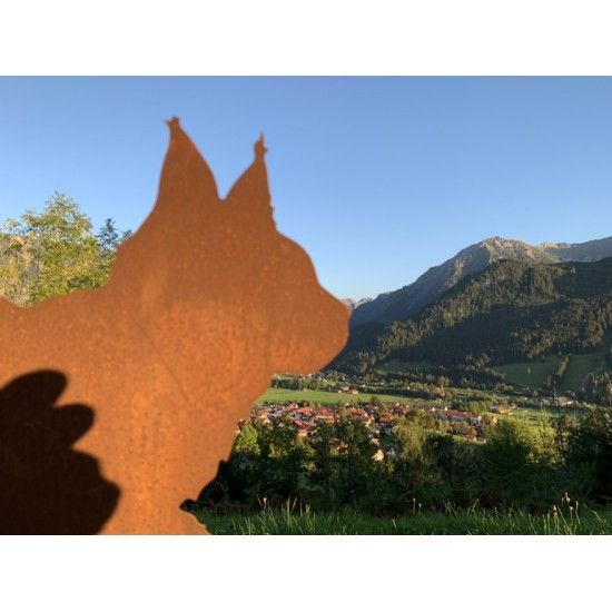 Deko Katzen und Mäuse flauschige Katze gehend auf Platte Flauschige Edelrost-Katze auf Platte für Garten, Eingangsbereich etc.
