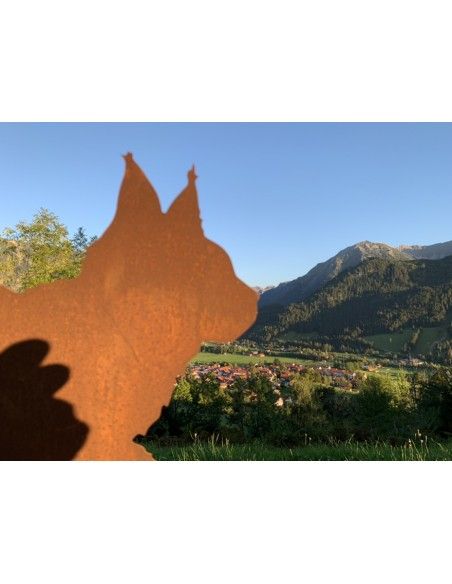 Deko Katzen und Mäuse flauschige Katze gehend auf Platte Flauschige Edelrost-Katze auf Platte für Garten, Eingangsbereich etc.
