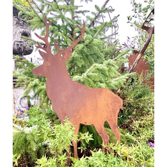 Hirsche, Wildtiere und Waldbewohner Gartenstecker Hirsch Stehend seitlich - mittel - Höhe 97 cm - Breite 48 cm 
Stehender Deko 
