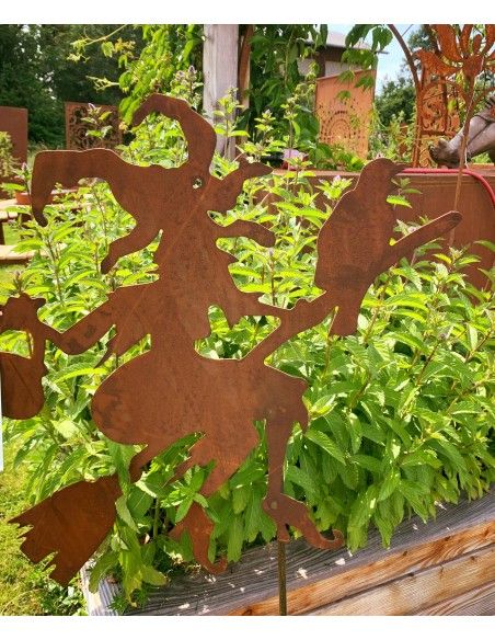 Hexen, Elfen, Drachen und Mystisches Gartenstecker Hexe Waltraud mit Rabe und Kessel 60 cm - Stab 120 cm 