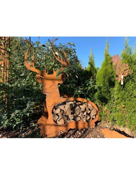 Kaminholzregale und Herzen 2-er Set Edelrost Holzregal liegender Hirsch, Höhe 96 cm und 65 cm Praktisches 2-er Set Edelrost Holz