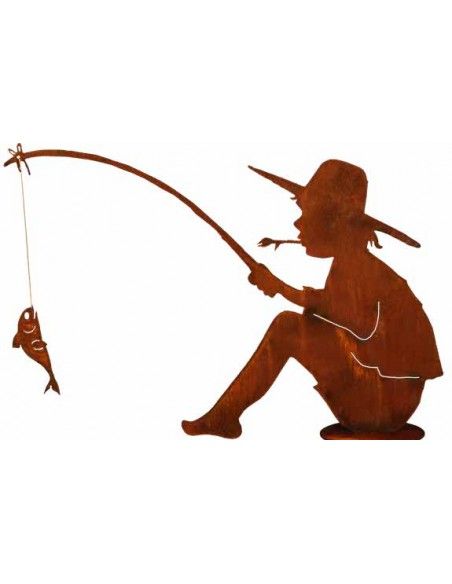 Gartenteich Fischender Angler Manni auf Platte, 70 cm hoch Tolle Teichdeko - Der angelnde Junge aus Rostigem Stahlblech ist eine