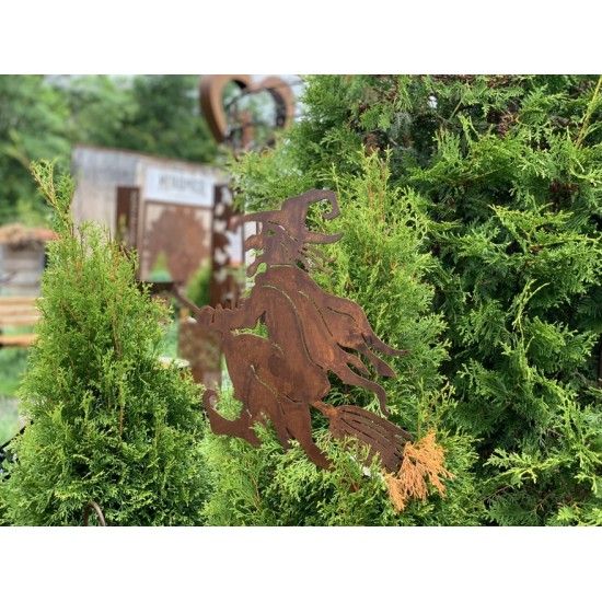 Hexen, Elfen, Drachen und Mystisches Alte Hexe auf Besen - Gartenstecker 50 cm groß Maße 50 x 54 cm
mit Stab 120 cm
