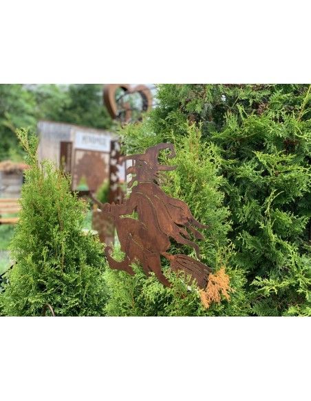 Hexen, Elfen, Drachen und Mystisches Alte Hexe auf Besen - Gartenstecker 50 cm groß Maße 50 x 54 cm
mit Stab 120 cm
