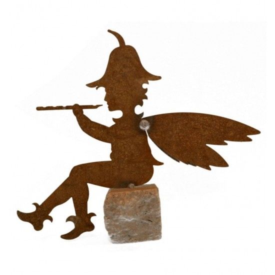 Menschen und Silhouetten Elfenjunge Gartenfigur Flötenspieler auf Granitstein, Höhe 25 cm Der süße Elf spielt eine Melodie aus f