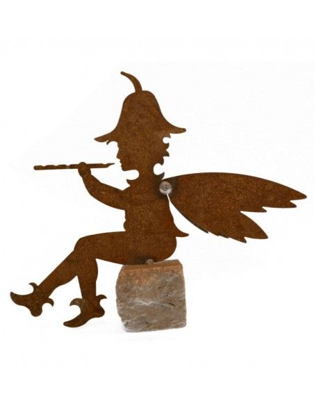 Menschen und Silhouetten Elfenjunge Gartenfigur Flötenspieler auf Granitstein, Höhe 25 cm Der süße Elf spielt eine Melodie aus f