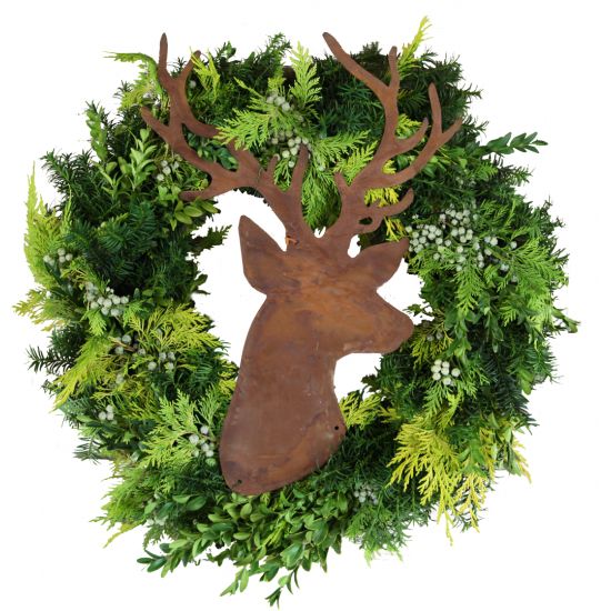 rostige Deko Hirsche und Rehe Edelrost Hirschkopf zum Einarbeiten Kränze und Gestecke - 29 cm hoch 
Hirschtrophäe zum Einarbeit