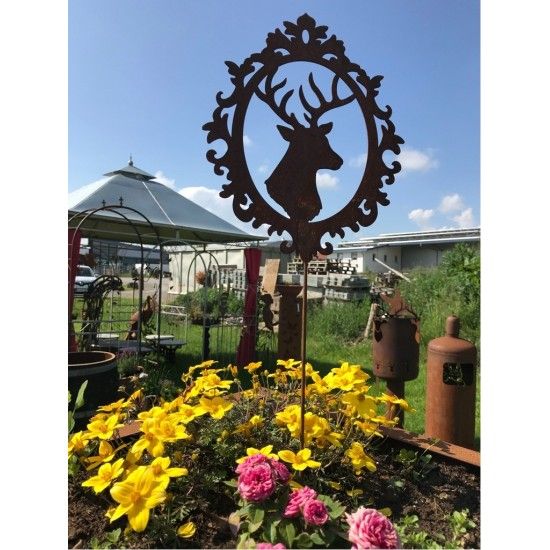 Tierstecker Edelrost Hirsch im Barockrahmen zum Stecken Edelrost 20 cm Edelrost Hirsch im Barockrahmen mit Stab zum Stecken in B