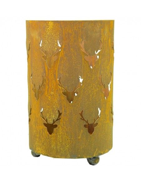 Grosse Windlichter Laternen für Draussen Edelrost Windlicht mit Hirschkopfmuster gross, Höhe 35 cm, Durchmesser 22 cm Edelrost W