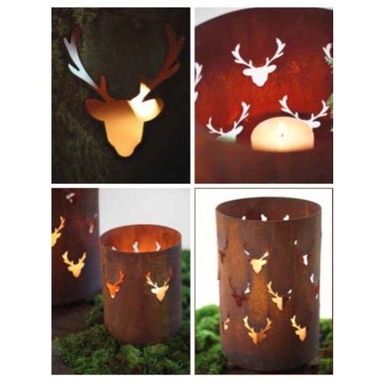 Grosse Windlichter Laternen für Draussen Edelrost Windlicht mit Hirschkopfmuster gross, Höhe 35 cm, Durchmesser 22 cm Edelrost W