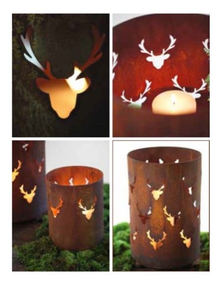 Grosse Windlichter Laternen für Draussen Edelrost Windlicht mit Hirschkopfmuster gross, Höhe 35 cm, Durchmesser 22 cm Edelrost W