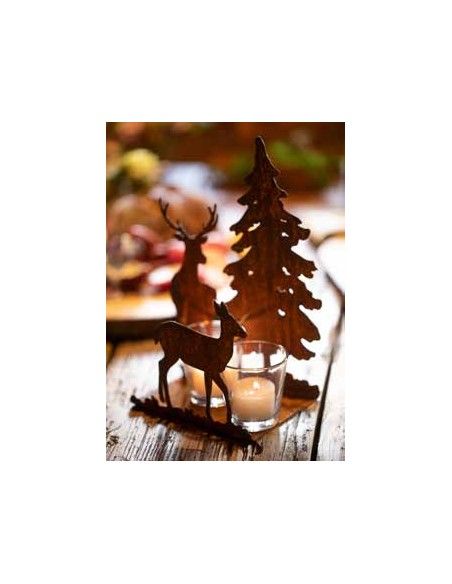 Tierische Weihnachtsdeko Teelichthalter mit Wildfamlie - Höhe 25 cm, Breite 20 cm Hirsch Reh und Kitz 
rustikaler Teelichthalte