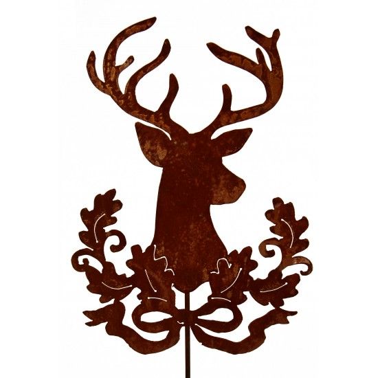 Tierstecker Edelrost Hirsch mit Eichenverzierung als Gartenstecker - 56cm - Stab 120cm 
Motiv 56cm hoch
Gesamthöhe mit Stab 12