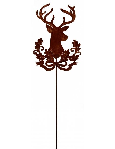 Tierstecker Edelrost Hirsch mit Eichenverzierung als Gartenstecker - 56cm - Stab 120cm 
Motiv 56cm hoch
Gesamthöhe mit Stab 12