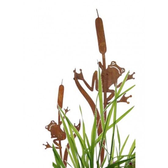 Insekten und Kriechtiere Gartenstecker Frosch an Schilfkolben hängend 90 cm hoch - klein Gesamthöhe 90cm
