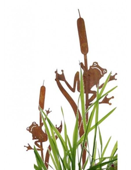 Insekten und Kriechtiere Gartenstecker Frosch an Schilfkolben hängend 90 cm hoch - klein Gesamthöhe 90cm