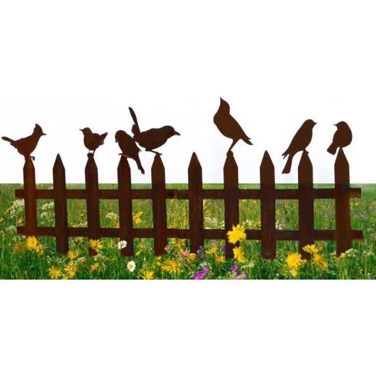 Vogel Deko Metall Steckzaun mit Vögelchen 2er Set zum Stecken 200 cm breit aus 3mm Stahl - Vogelzaun Set bestehend aus 2 x Vogel