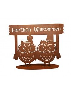 Deko Eulenpaar aus Metall mit Aufschrift - Herzlich Willkommen - Breite 51 cm