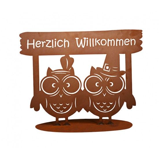 Deko Eulenpaar aus Metall mit Aufschrift - Herzlich Willkommen - Breite 51 cm
